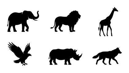 African Wildlife Silhouettes: Lion, Elephant, Giraffe, Rhino, Eagle, Wolf Vector Icons © Rony