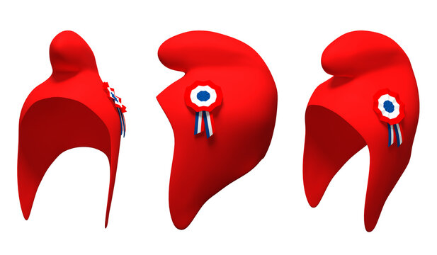Trois vues d'un bonnet phrygien rouge avec cocarde tricolore, 14 juillet - rendu 3D sur fond blanc