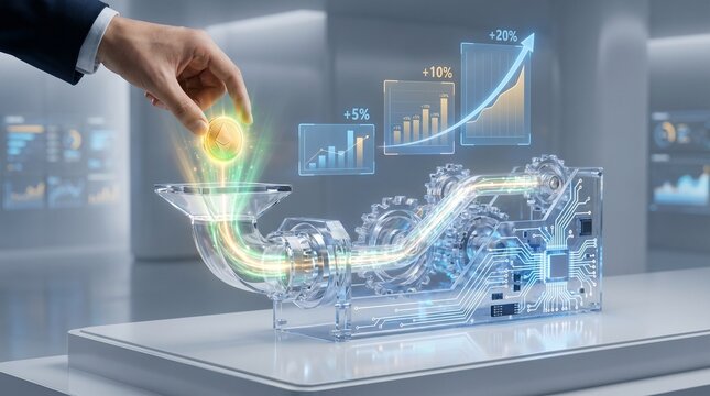 Hand placing a golden coin into a futuristic transparent mechanism, symbolizing investment growth, financial efficiency, and business success through innovative technological processes