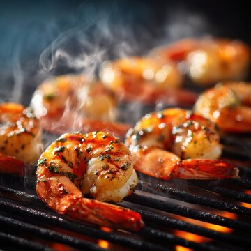 Juicy grilled shrimp with herbs and spices sizzling on an open flame barbecue grill with rising smoke and vibrant orange glowing coals beneath