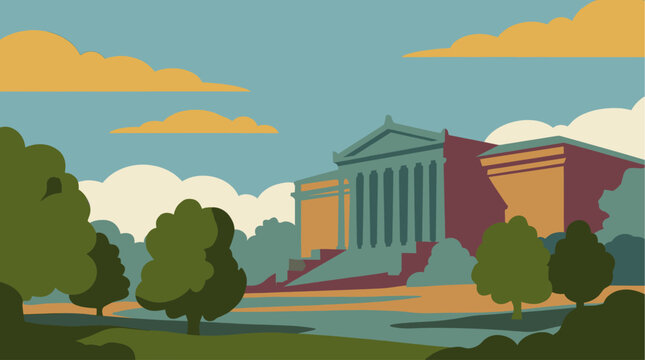 Grand classical building with columns and steps stands prominently amidst lush green trees and a serene landscape under a blue sky
