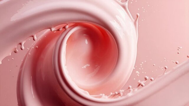 Viscous pink liquid swirling and splashing in slow motion, creating beautiful patterns. Close-up view of a thick, pink fluid in motion, with dynamic splashes and droplets