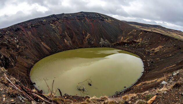 Vast, gaping crater filled with stagnant, murky water surrounded by rocky, barren earth under a cloudy sky.