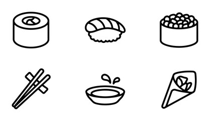 Sushi Icons Set, Japanese Food Vector Graphics, Asian Cuisine Clip Art, Simple Outline Food Symbols © Kawsar