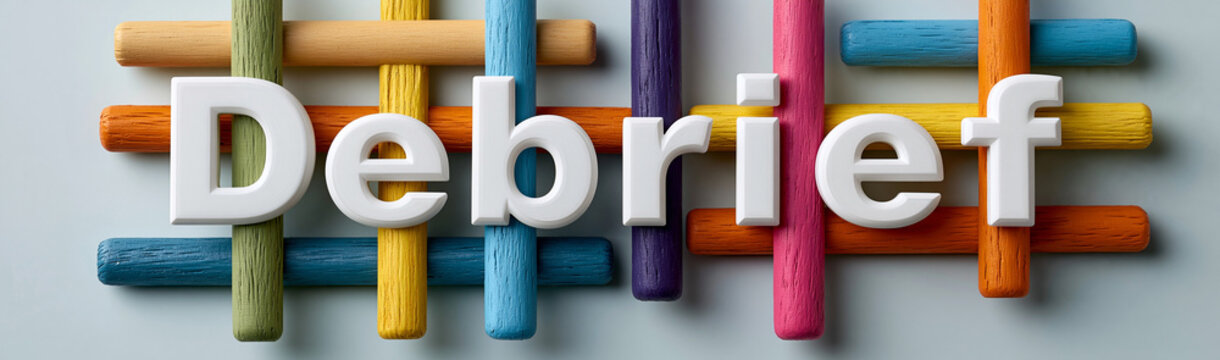 Debriefing Session Setup: White 3D text Debrief is placed on a colorful arrangement of chalk pastels, suggesting a creative brainstorming or review session.