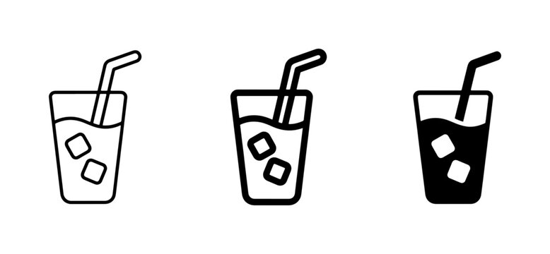 Refreshing Drink Icons: Cold Beverage, Ice Cubes, Straw, Simple Vector Graphics for Refreshment