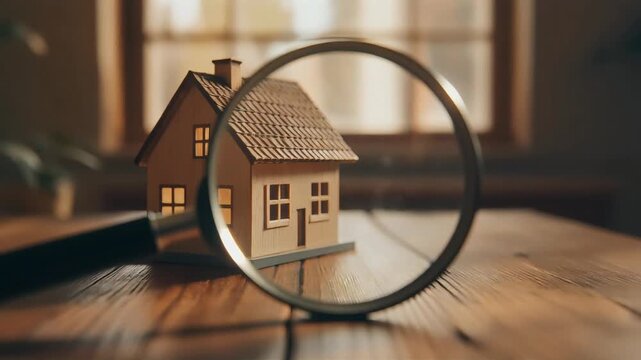 House model viewed through magnifying glass on wooden table representing real estate market analysis in high quality digital motion footage