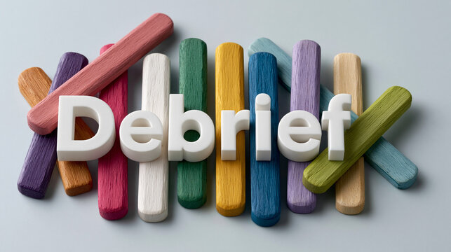 Debriefing Session Visual: The word Debrief in white 3D letters is artfully arranged on a collection of colorful wooden sticks.