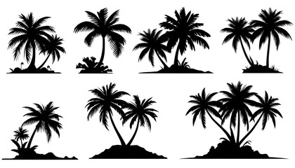 Fototapeta premium Group of black palm tree silhouettes with landscape base island design elements set of tropical beach scenery isolated 