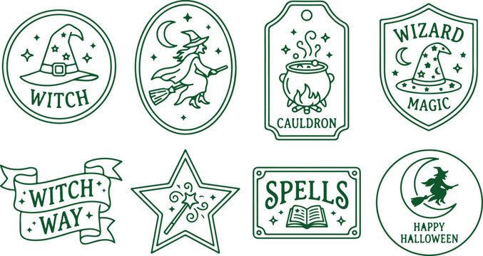 Witch hat cauldron magic spells cauldron happy halloween icons set vector illustration.