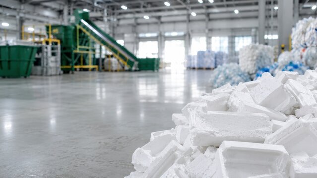 Polystyrene Foam Recycling Process in Modern Waste Management Facility with Copy Space
