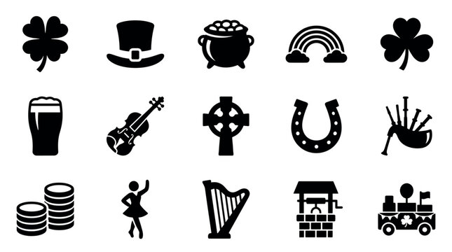 Collection of black silhouette icons representing various Irish cultural symbols and St. Patrick's Day elements on a clean white background