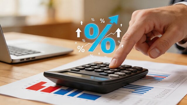 Hand using calculator with percentage sign graphic, accounting and tax calculation concept, financial analysis, interest rates, loan repayment, budget planning, business