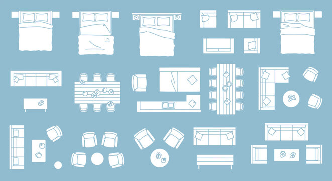 Collection of furniture interior design floor plan icons in white silhouette with furniture interior silhouette illustration architecture minimalist arrangement furnishings drafting blueprint