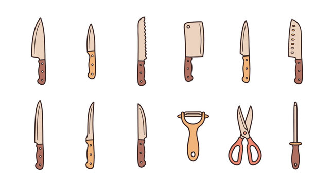 Collection of various kitchen knives, a peeler, scissors, and a sharpening steel in a simple cartoon style on a white background