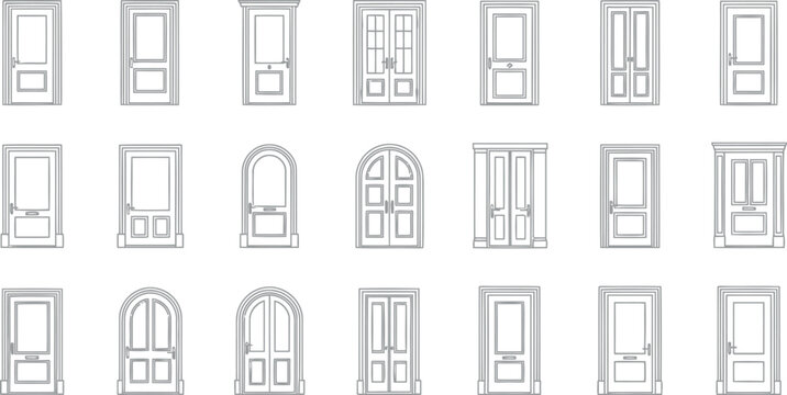 Variety of architectural house door outline designs vector set with architecture entrance entryway exterior building collection illustration interior construction residential traditional