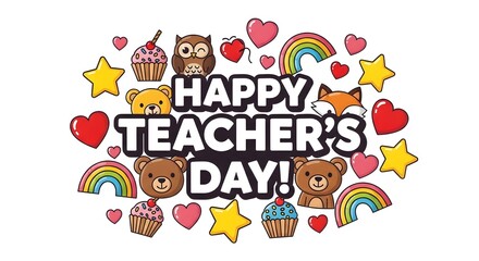 Fototapeta premium Happy Teachers Day colorful typography with cute illustrations and rainbow vector design