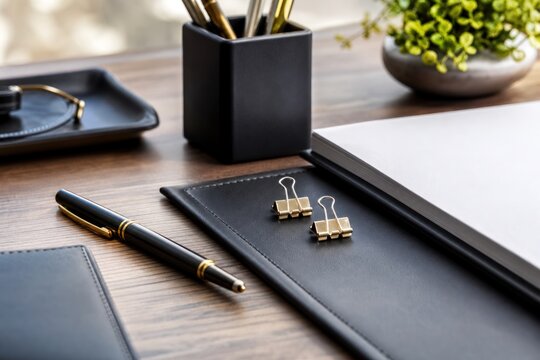 Professional desk setup with luxury black pen, gold binder clips, and blank notebook on wooden table in bright modern office workspace