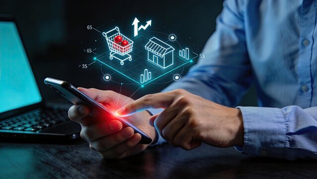 Digital analytics dashboard on smartphone screen showing growth chart, shopping cart and store icons, data visualization for e-commerce sales, mobile marketing statistics,