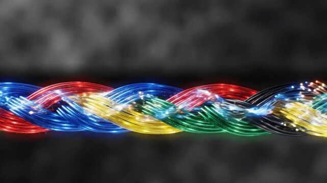 Multicolored fiber optic cable transmitting data pulses. Interconnected light strands showing flow of electronic information for communication technology network hub
