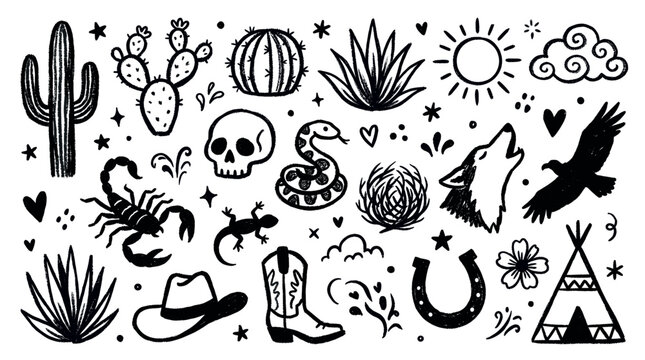 Hand-drawn black and white desert elements pattern with various plants, animals, and western objects on a clean white background