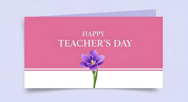 Happy Teachers Day greeting card with crocus flower on pink and white background