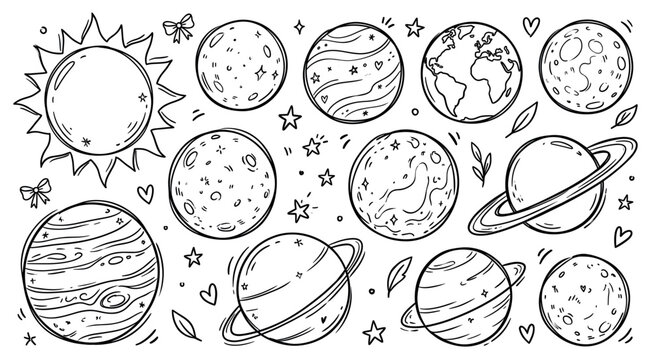 Collection of hand-drawn solar system planets, including the sun, Earth, and Saturn, with various moons and stars on a white background