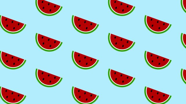 Cute watermelon slices seamless pattern background loop on light blue for summer