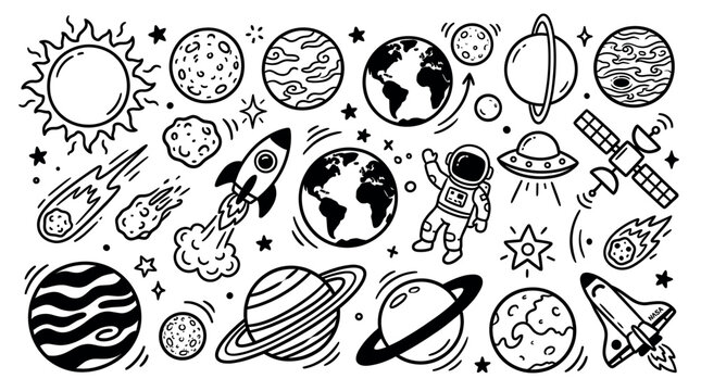 Collection of hand-drawn space elements including planets, rockets, astronauts, and stars, depicted in a simple black and white doodle style on a clean background