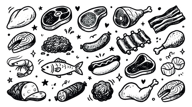 Various hand-drawn meat, poultry, and seafood items create a charming, rustic pattern on a clean white background