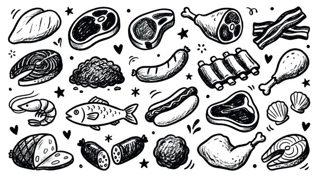 Various hand-drawn raw meat, poultry, and seafood items are arranged in a playful, scattered pattern on a clean white background