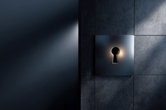 Illuminated keyhole on a sleek metal plate embedded in dark textured wall tiles casting mysterious glows and shadows for a concept of security and secrets