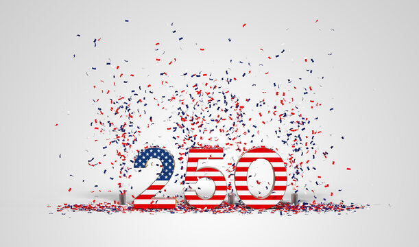 3D number 250 textured with the USA flag exploding with red white and blue confetti, semi-islands concept for the United States 250th anniversary, 3d rendering
