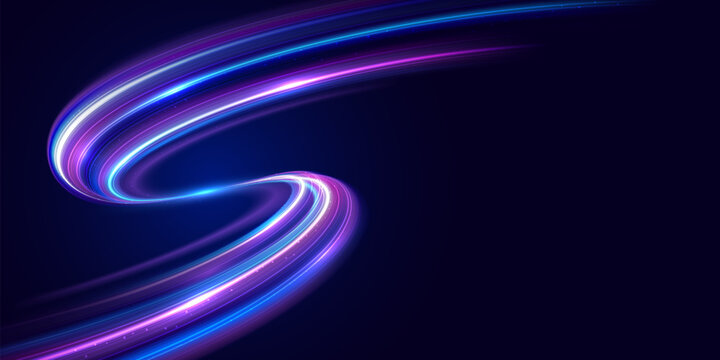 Futuristic speed and data flow concept with glowing neon light trails on dark blue background. Vector illustration.