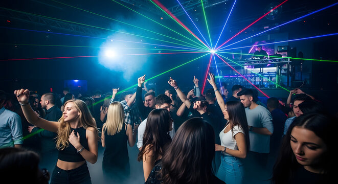 Crowd dancing in dark club with colorful laser lights, energetic party atmosphere.