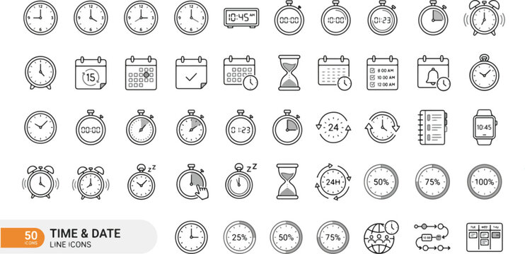 minimalist Time & Date Line Icon Set featuring approximately 50 distinct icons arranged in a structured