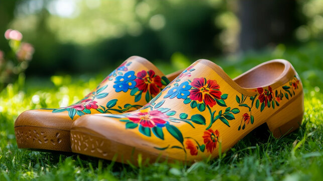 Pair of traditional Dutch wooden shoes klompen with colorful hand painted floral designs on green grass in a sunny outdoor setting representing Netherlands folk culture and handicraft
