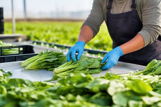 Agricultural worker sorting fresh green spinach leaves on metal table in modern greenhouse farm, focus on hands in blue protective gloves, healthy organic food production.