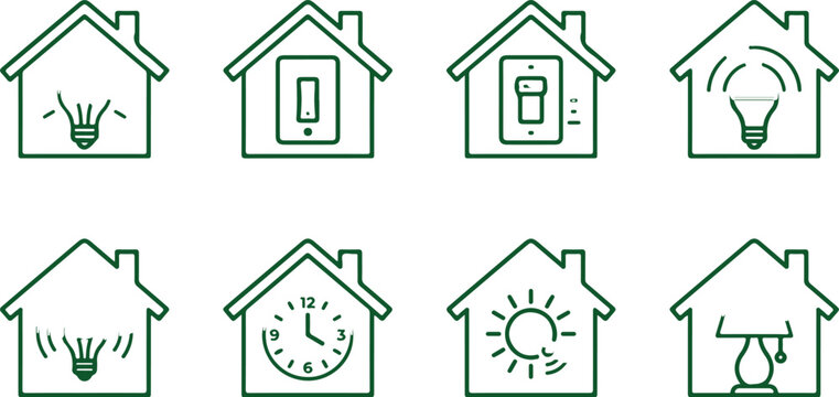 Smart home icons depicting light switch bulb clock sun and lamp inside house outline Vector art.