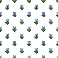 Obraz premium Seamless pattern featuring a repeating illustration of a gray castle on a green floating island