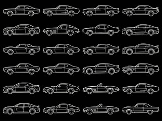 Minimal Black Classic and Sports Car Side View Icon Set with Vintage Automobile Silhouettes
