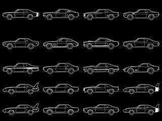 Minimal Black Classic Muscle Car Side View Icon Set with Vintage American Automobile Silhouettes