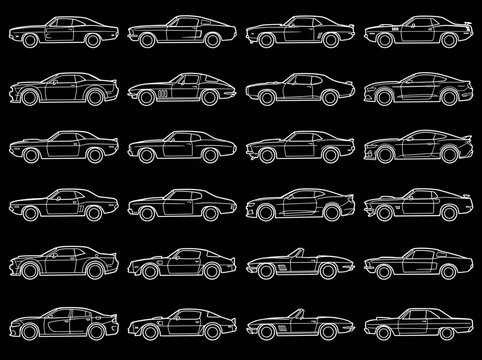 Minimal Black Classic and Sports Car Side View Icon Set with Vintage Automobile Silhouettes