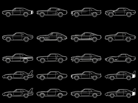 Minimal Black Classic Muscle Car Side View Icon Set with Vintage American Automobile Silhouettes