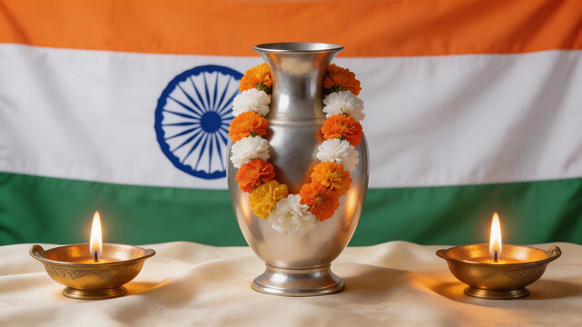 Floral garland on vase with lit lamps and flag highlighting geometric patterns and contemporary art