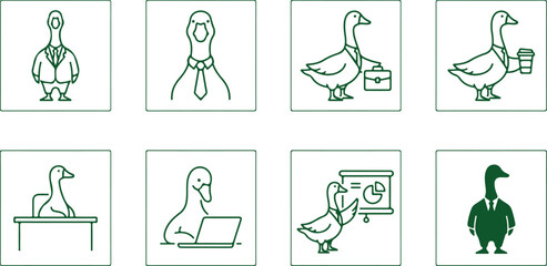 Business geese characters set office professional animals wearing suits and ties for corporate work and presentations vector icons. © Sadhin