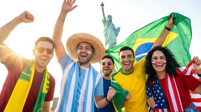 Diverse group of sports fans celebrating with flags and face paint, Statue of Liberty in background