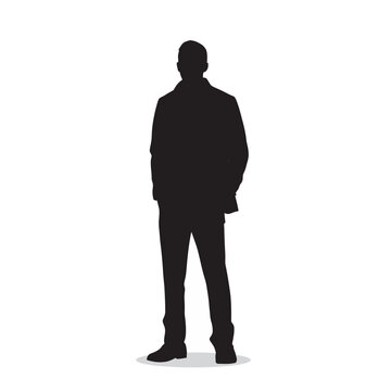 Man standing in a relaxed pose displays a solid black silhouette shape on a stark white field.