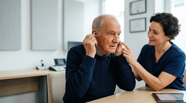 Elderly man adjusting hearing aid with smiling female audiologist in modern clinic. Senior patient receiving medical assistance for deafness from healthcare professional in scrubs