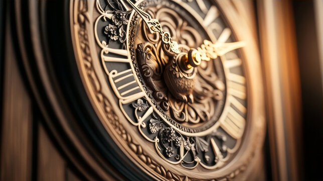 Close up of an intricate ornate vintage clock face with golden Roman numerals and elegant filigree details, antique wooden horology masterpiece with decorative clock hands and carved textures.